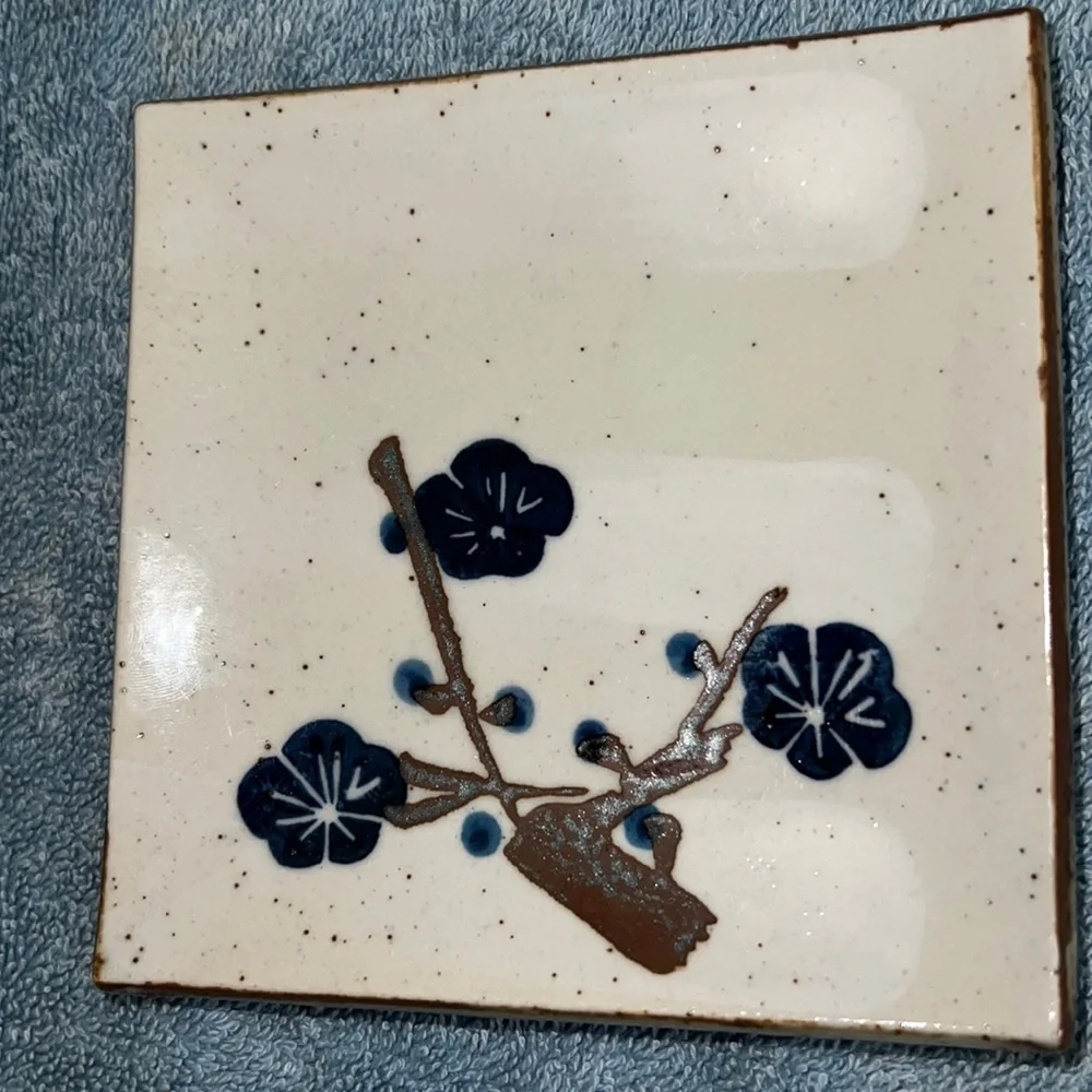 Vintage OMC Japanese ceramic square sushi style plates with hand painted design
